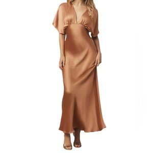 Anthropologie bohem Amelia Deep-V Flutter-Sleeve Satin A-Line Gown Sz S Women